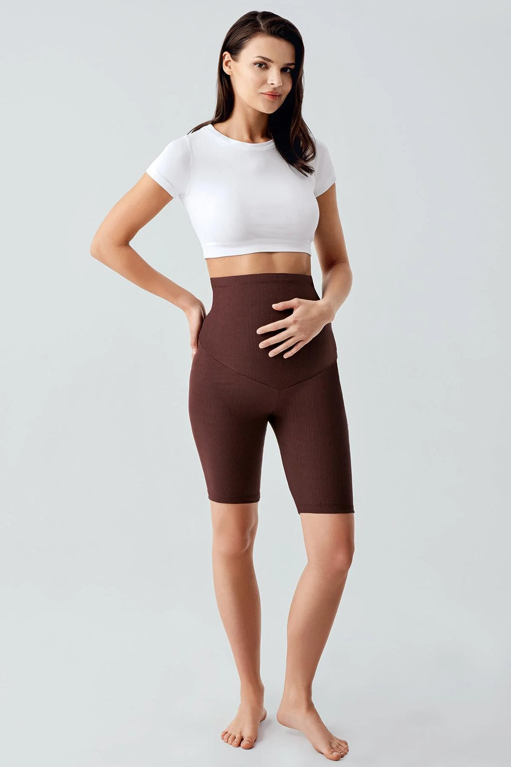 Ribbed Biker Flexible Adjustable Waist Maternity Shorts Leggings Coffee - LF9213