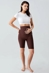 Ribbed Biker Flexible Adjustable Waist Maternity Shorts Leggings Coffee - LF9213
