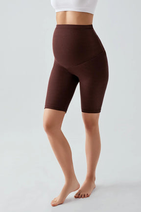 Ribbed Biker Flexible Adjustable Waist Maternity Shorts Leggings Coffee - LF9213