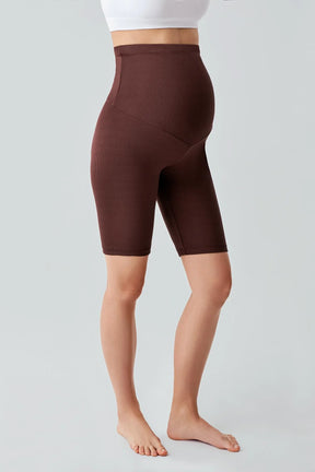 Ribbed Biker Flexible Adjustable Waist Maternity Shorts Leggings Coffee - LF9213
