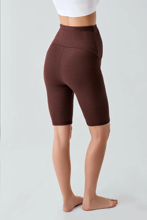 Ribbed Biker Flexible Adjustable Waist Maternity Shorts Leggings Coffee - LF9213
