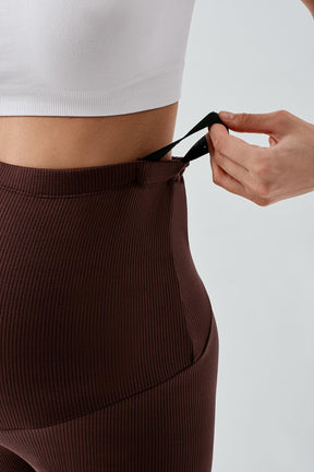 Ribbed Biker Flexible Adjustable Waist Maternity Shorts Leggings Coffee - LF9213