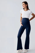Ribbed Thermal Fleece-Lined Warm Adjustable Waist Winter Flared Maternity Leggings Navy Blue - LF9215