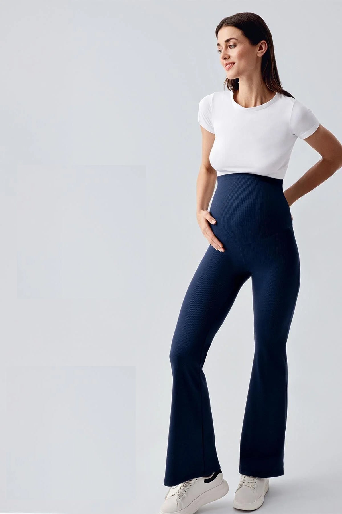 Ribbed Thermal Fleece-Lined Warm Adjustable Waist Winter Flared Maternity Leggings Navy Blue - LF9215