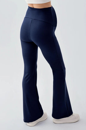 Ribbed Thermal Fleece-Lined Warm Adjustable Waist Winter Flared Maternity Leggings Navy Blue - LF9215