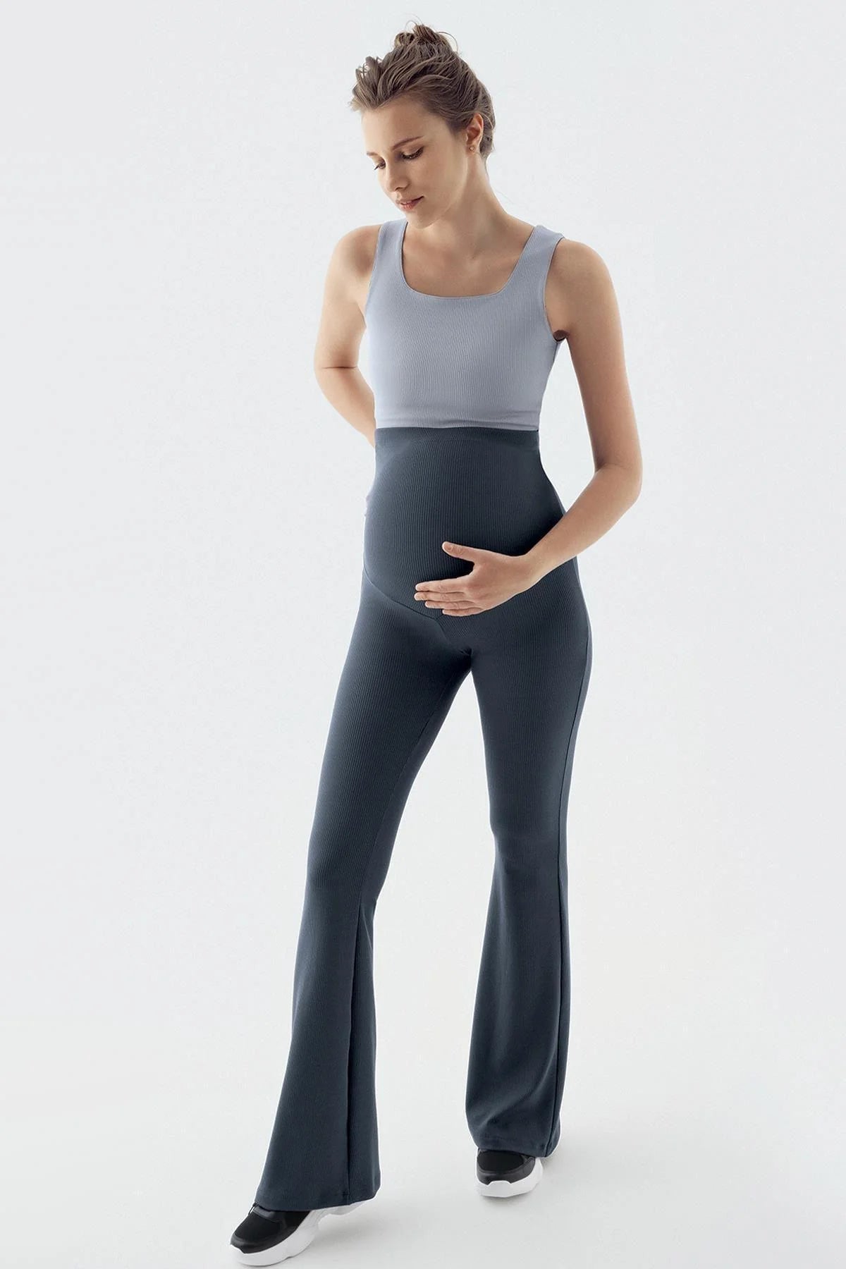 Ribbed Thermal Fleece-Lined Warm Adjustable Waist Winter Flared Maternity Leggings Anthracite - LF9215