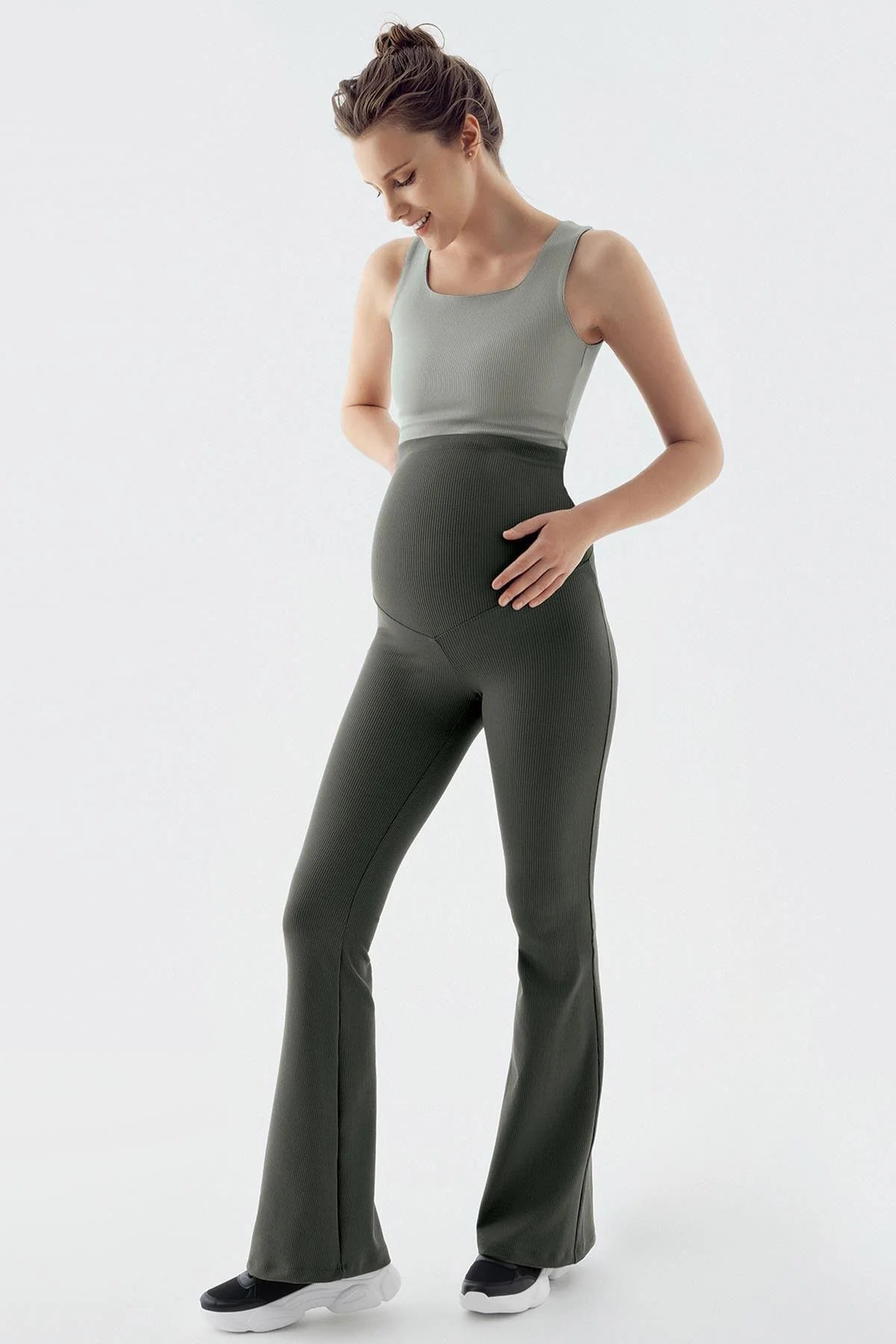 Ribbed Thermal Fleece-Lined Warm Adjustable Waist Winter Flared Maternity Leggings Khaki - LF9215