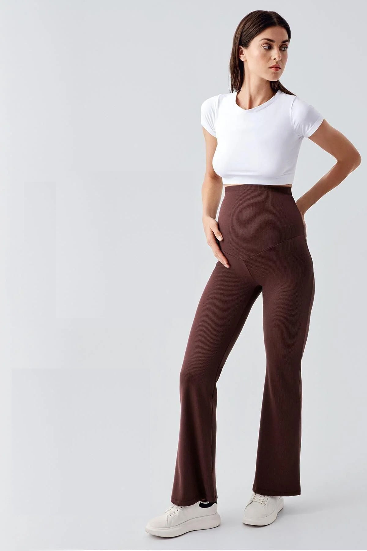 Ribbed Thermal Fleece-Lined Warm Adjustable Waist Winter Flared Maternity Leggings Coffee - LF9215