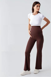Ribbed Thermal Fleece-Lined Warm Adjustable Waist Winter Flared Maternity Leggings Coffee - LF9215