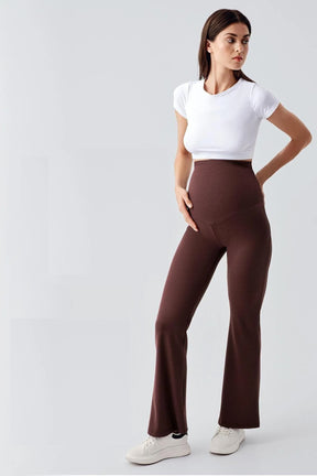 Ribbed Thermal Fleece-Lined Warm Adjustable Waist Winter Flared Maternity Leggings Coffee - LF9215