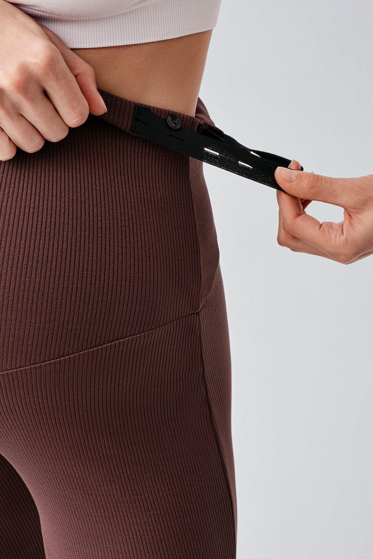 Ribbed Thermal Fleece-Lined Warm Adjustable Waist Winter Flared Maternity Leggings Coffee - LF9215
