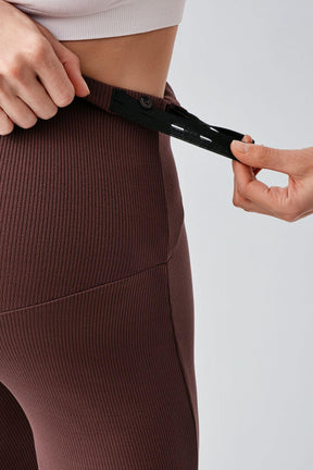 Ribbed Thermal Fleece-Lined Warm Adjustable Waist Winter Flared Maternity Leggings Coffee - LF9215