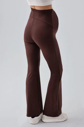 Ribbed Thermal Fleece-Lined Warm Adjustable Waist Winter Flared Maternity Leggings Coffee - LF9215