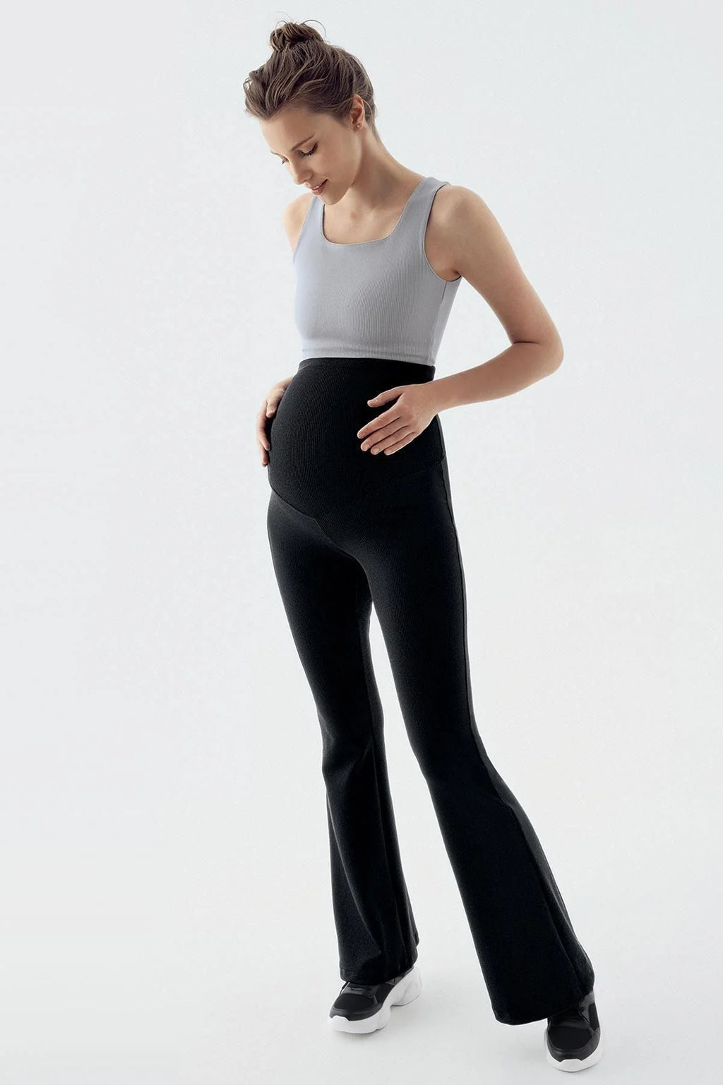 Ribbed Thermal Fleece-Lined Warm Adjustable Waist Winter Flared Maternity Leggings Black - LF9215