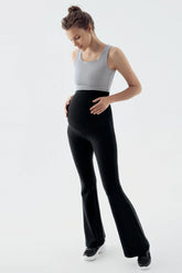 Ribbed Thermal Fleece-Lined Warm Adjustable Waist Winter Flared Maternity Leggings Black - LF9215