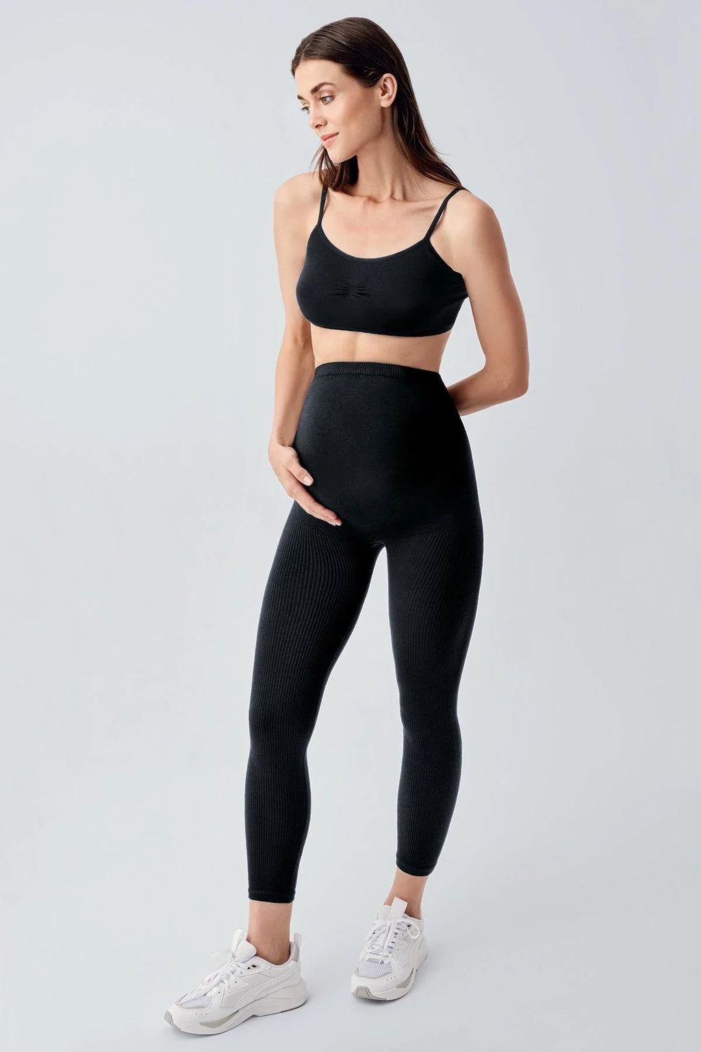 Seamless Ribbed High Waist Shaping Extra Flexible Sports Maternity Leggings Black - LFS902