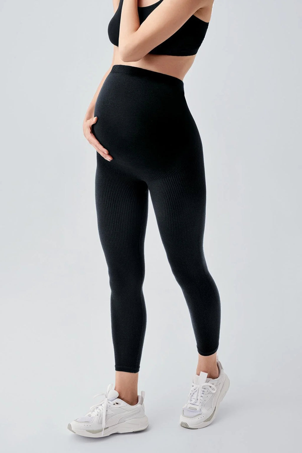 Seamless Ribbed High Waist Shaping Extra Flexible Sports Maternity Leggings Black - LFS902