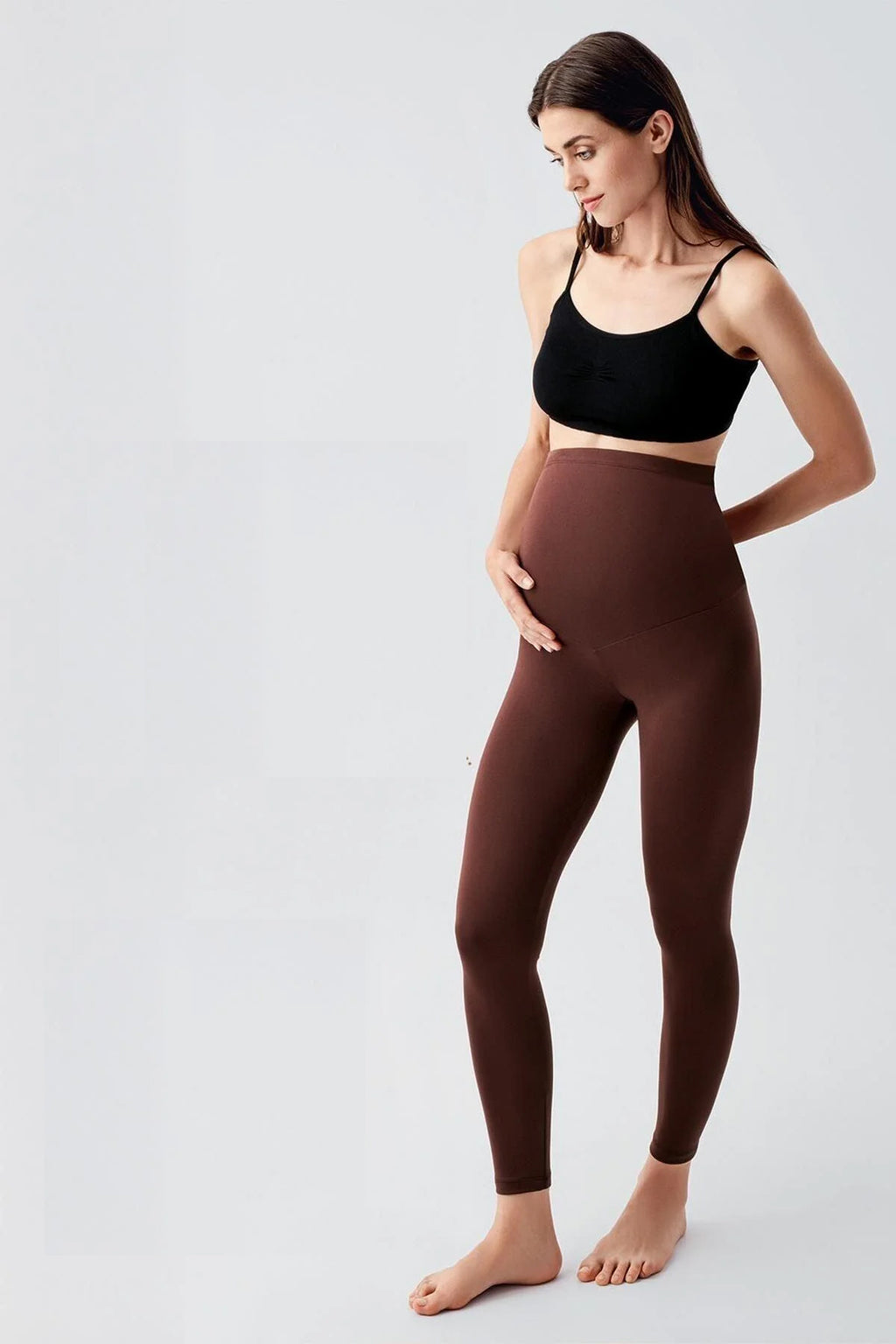 Thermal Fleece-Lined Adjustable Waist Maternity Leggings Coffee - LT9010