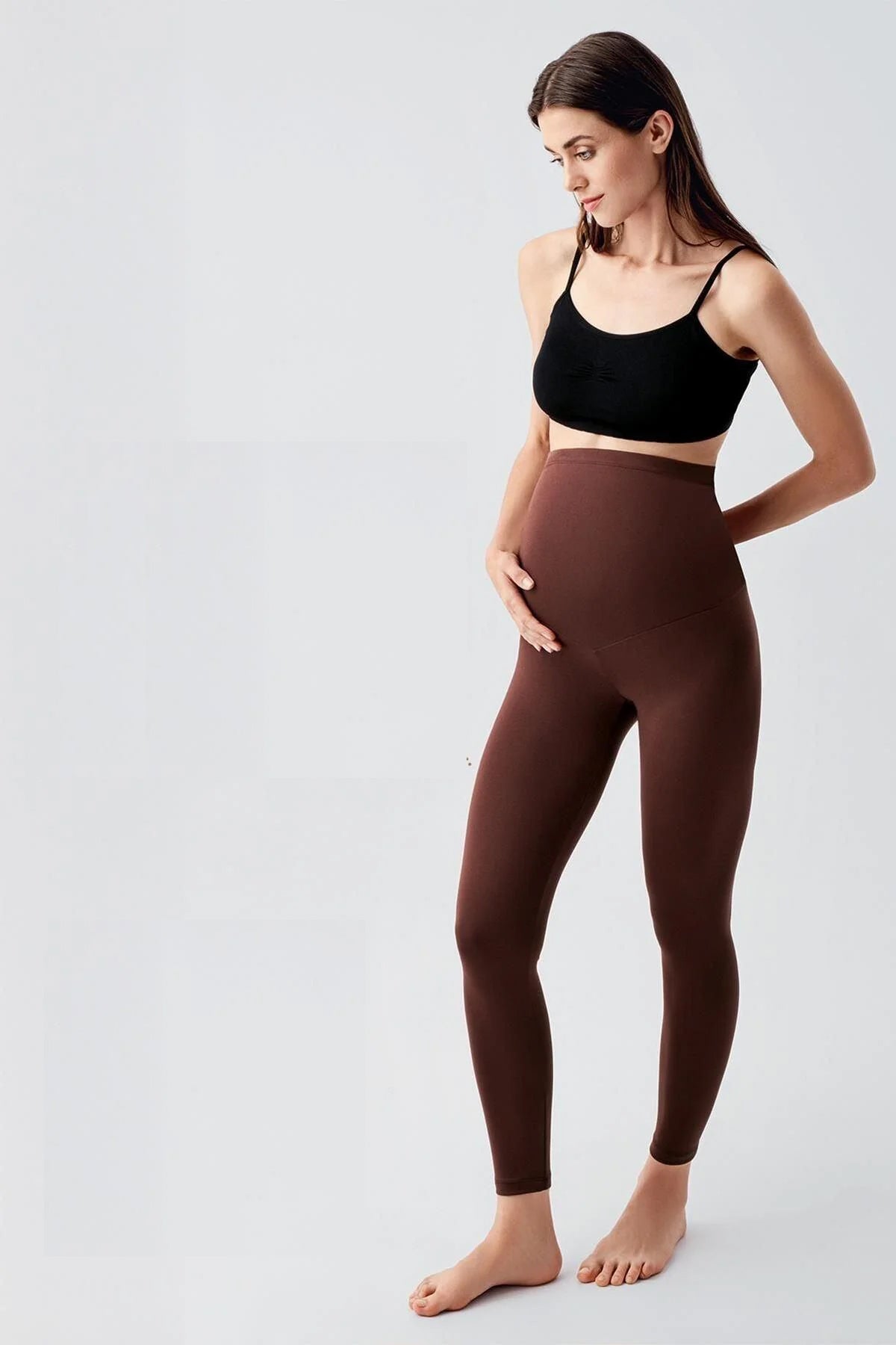 Thermal Fleece-Lined Adjustable Waist Maternity Leggings Coffee - LT9010