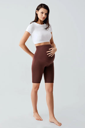 Biker Flexible Adjustable Waist Maternity Shorts Leggings Coffee - LT9012
