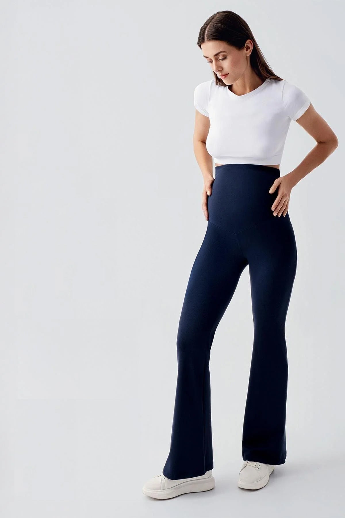 Flared Thermal Fleece-Lined Adjustable Waist Maternity Leggings Navy Blue - LT9018