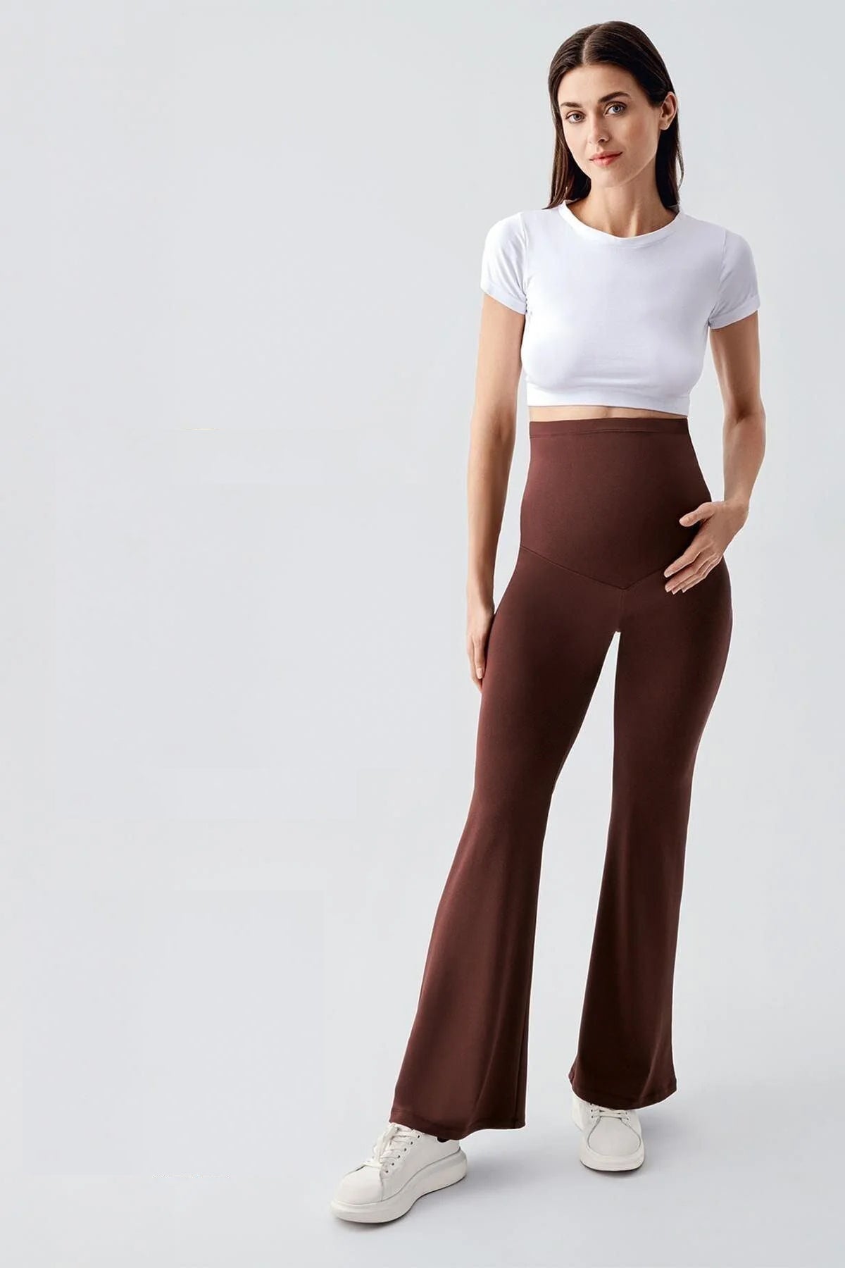 Flared Thermal Fleece-Lined Adjustable Waist Maternity Leggings Coffee - LT9018