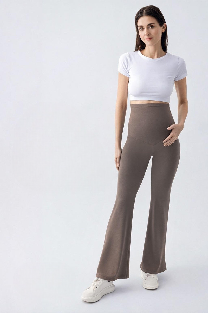 Flared Thermal Fleece-Lined Adjustable Waist Maternity Leggings Mink - LT9018