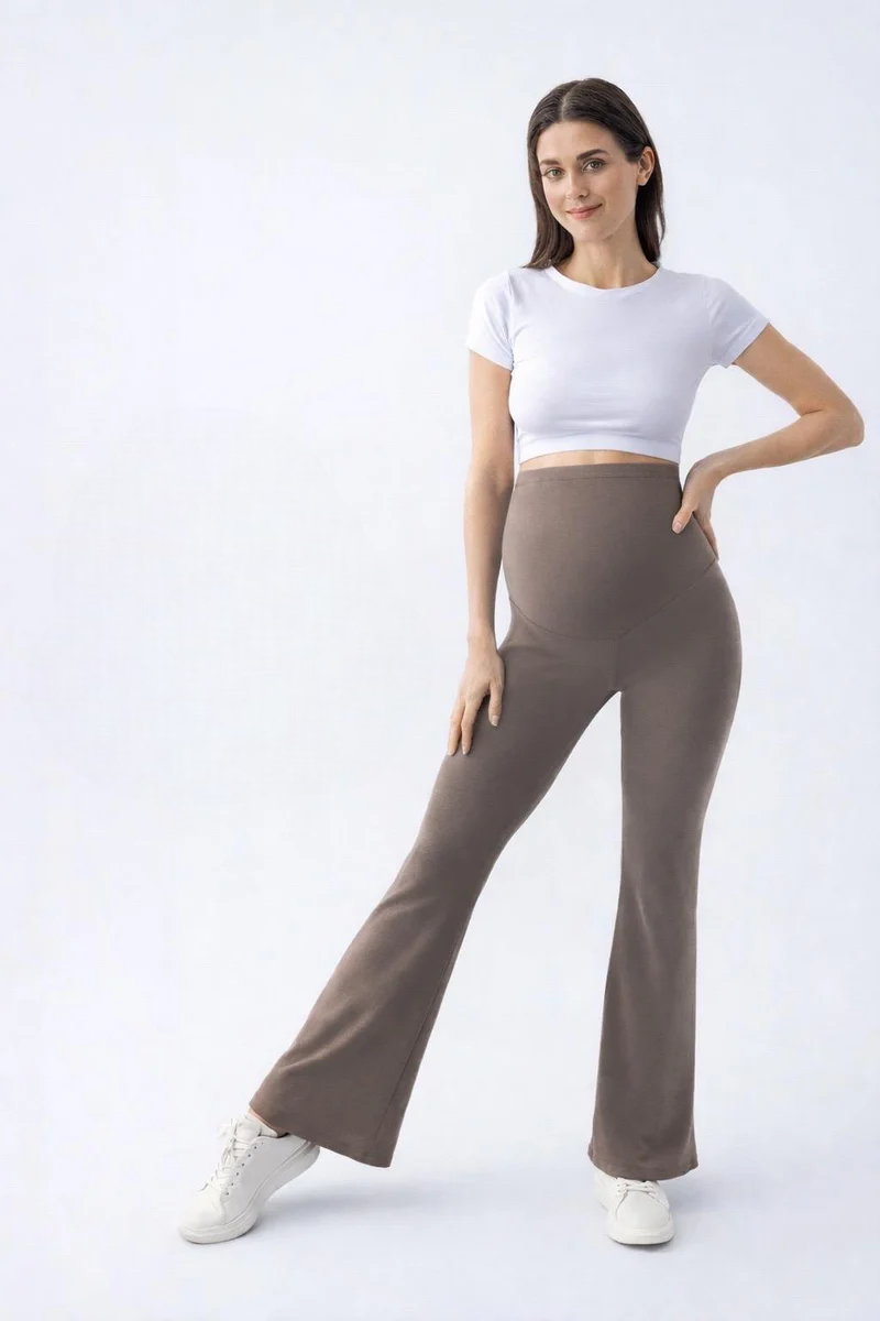 Flared Thermal Fleece-Lined Adjustable Waist Maternity Leggings Mink - LT9018
