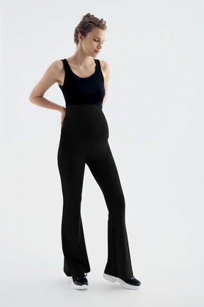 Flared Thermal Fleece-Lined Adjustable Waist Maternity Leggings Black - LT9018