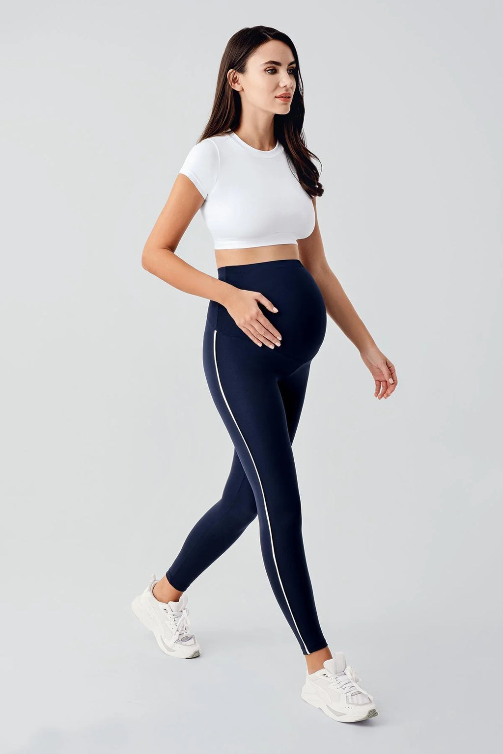 Piped High Waist Stretch Shaping Maternity Leggings Navy Blue - LT9024
