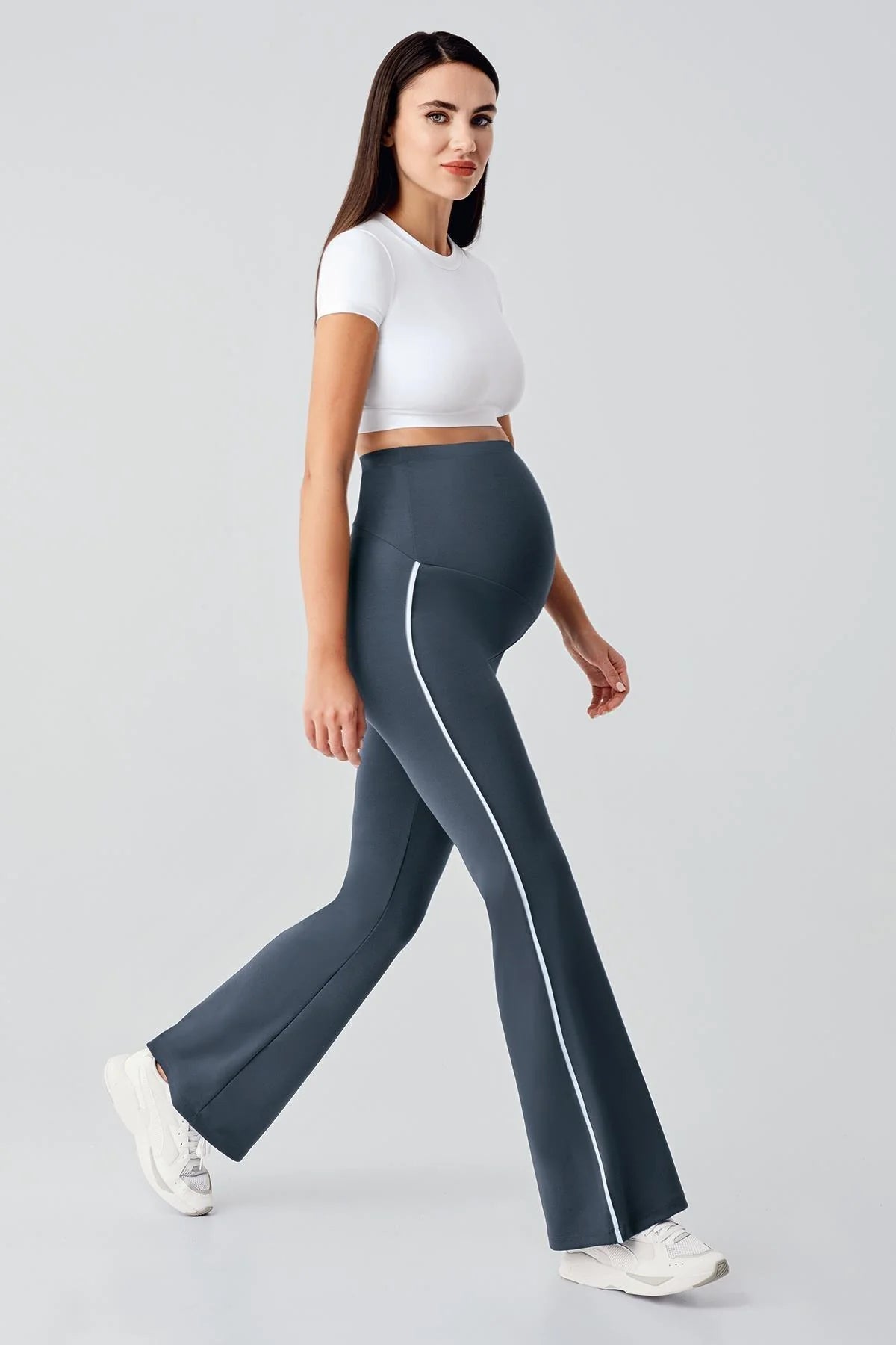 Piped Flared High Waist Stretch Shaping Maternity Leggings Anthracite - LT9025