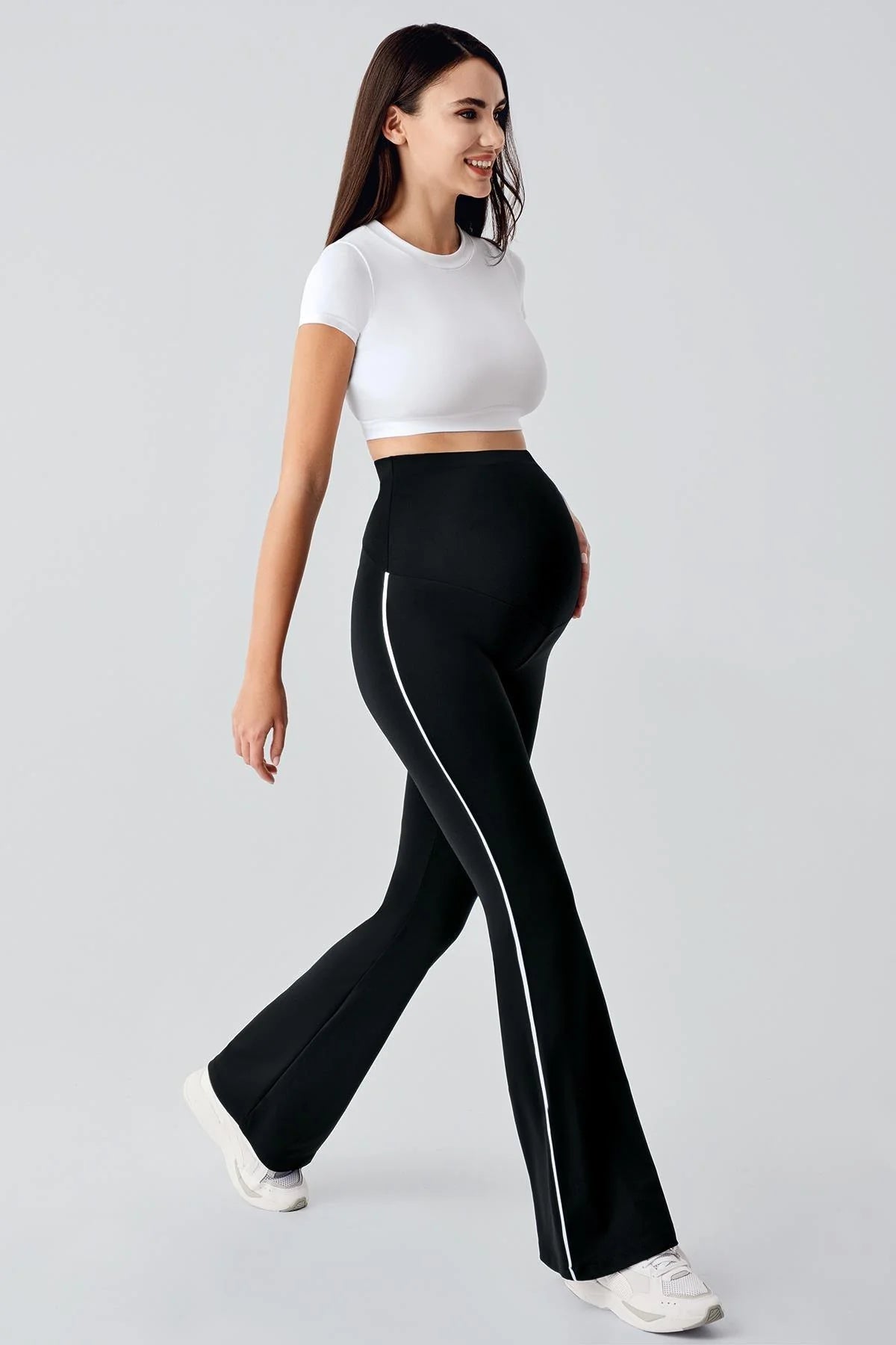 Piped Flared High Waist Stretch Shaping Maternity Leggings Black - LT9025