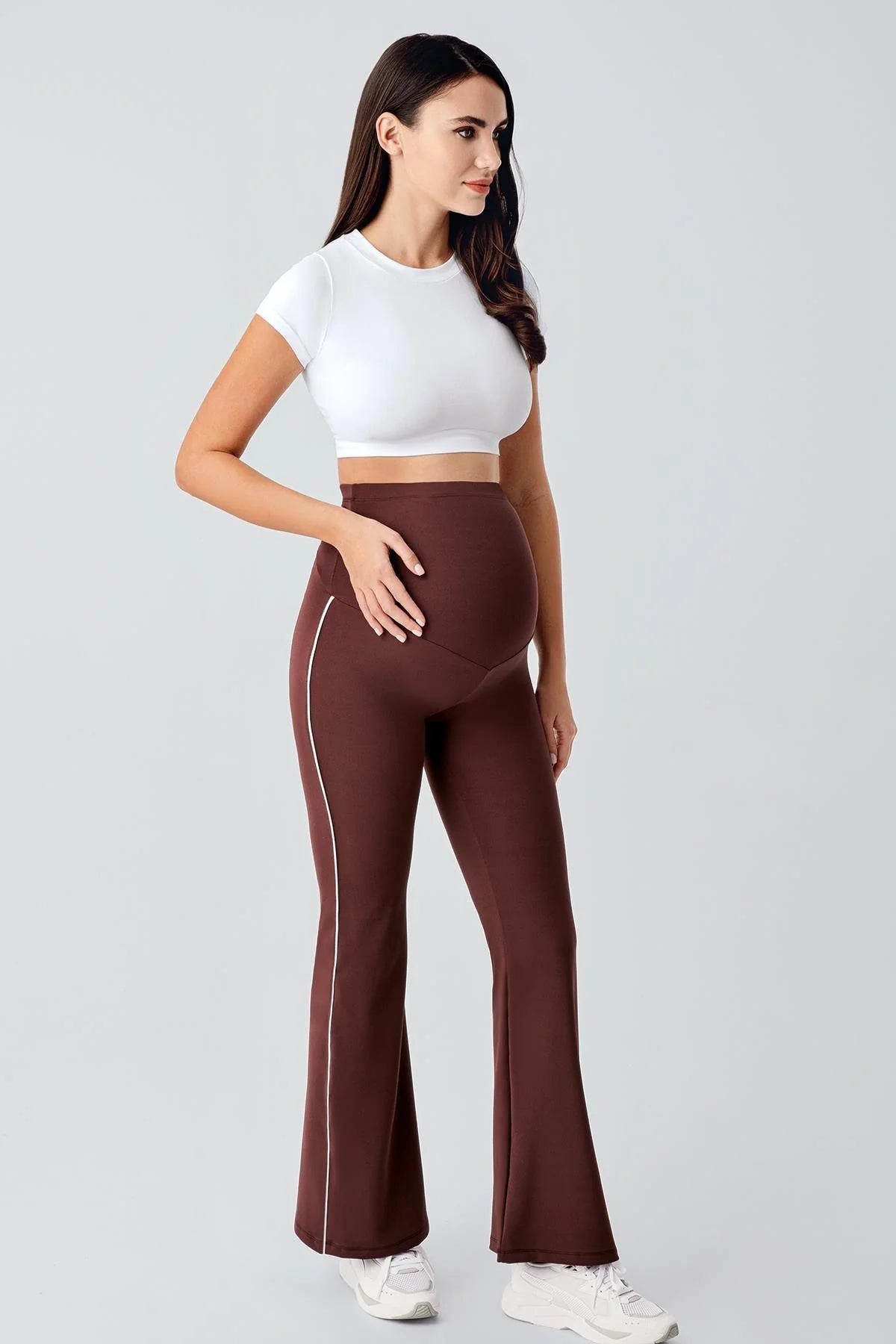 Piped Flared High Waist Stretch Shaping Maternity Leggings Coffee - LT9025