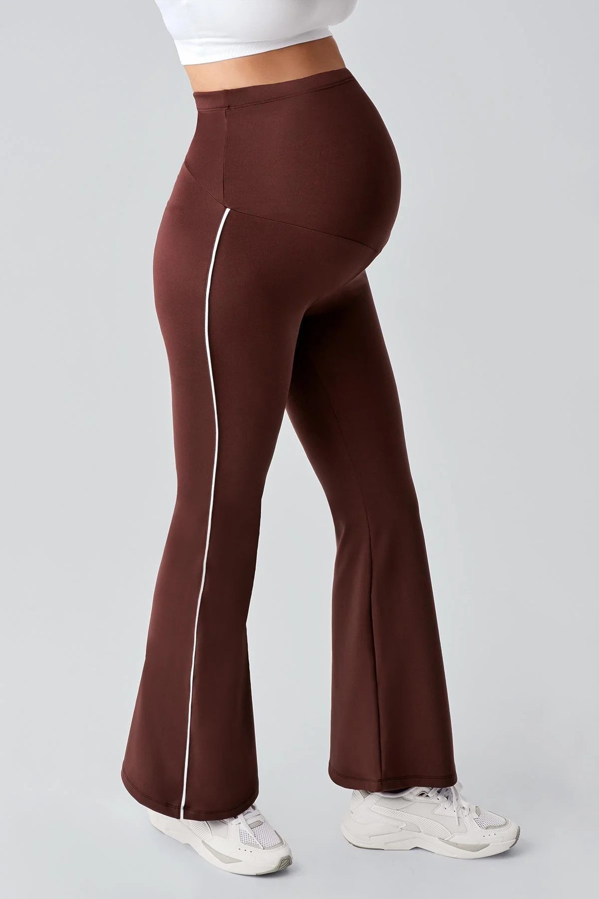 Piped Flared High Waist Stretch Shaping Maternity Leggings Coffee - LT9025