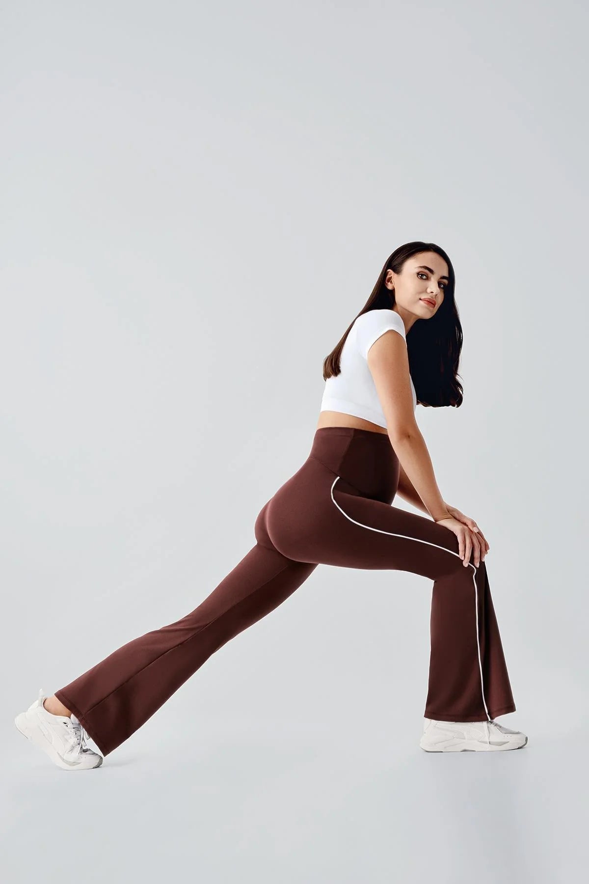 Piped Flared High Waist Stretch Shaping Maternity Leggings Coffee - LT9025