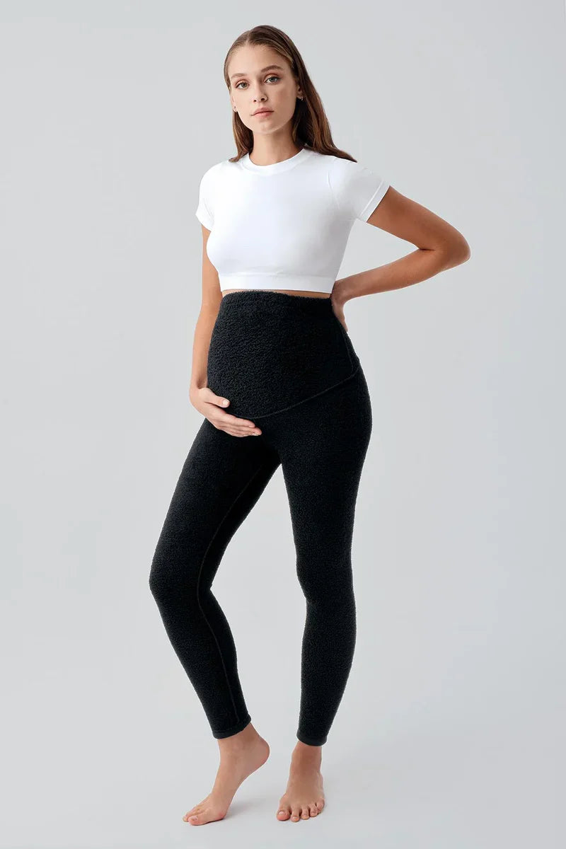 Extra Thick Plush Outer Adjustable Waist Winter Thermal Maternity Leggings Black - LT9026
