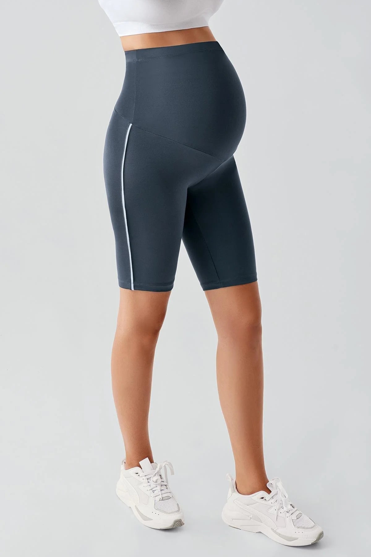 Piped Biker Flexible Adjustable Waist Maternity Shorts Leggings Anthracite - LT9027