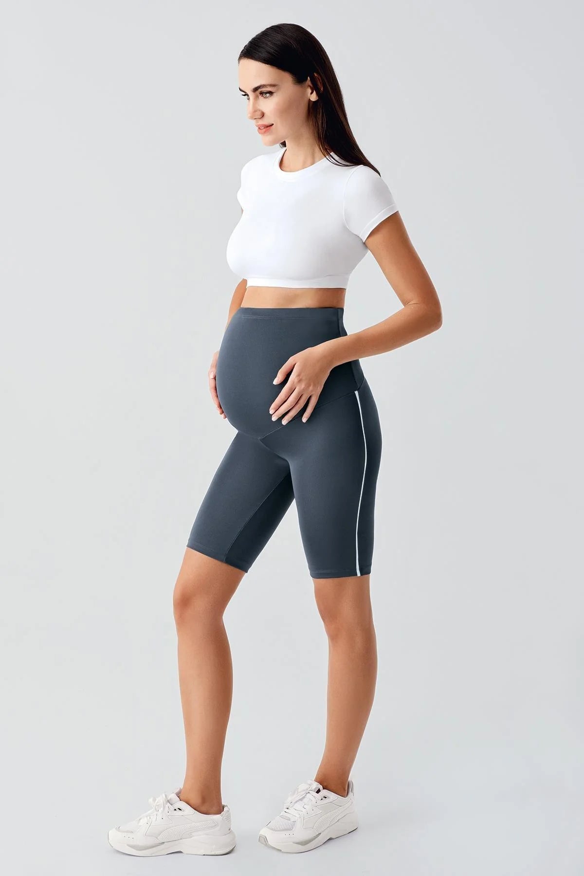 Piped Biker Flexible Adjustable Waist Maternity Shorts Leggings Anthracite - LT9027