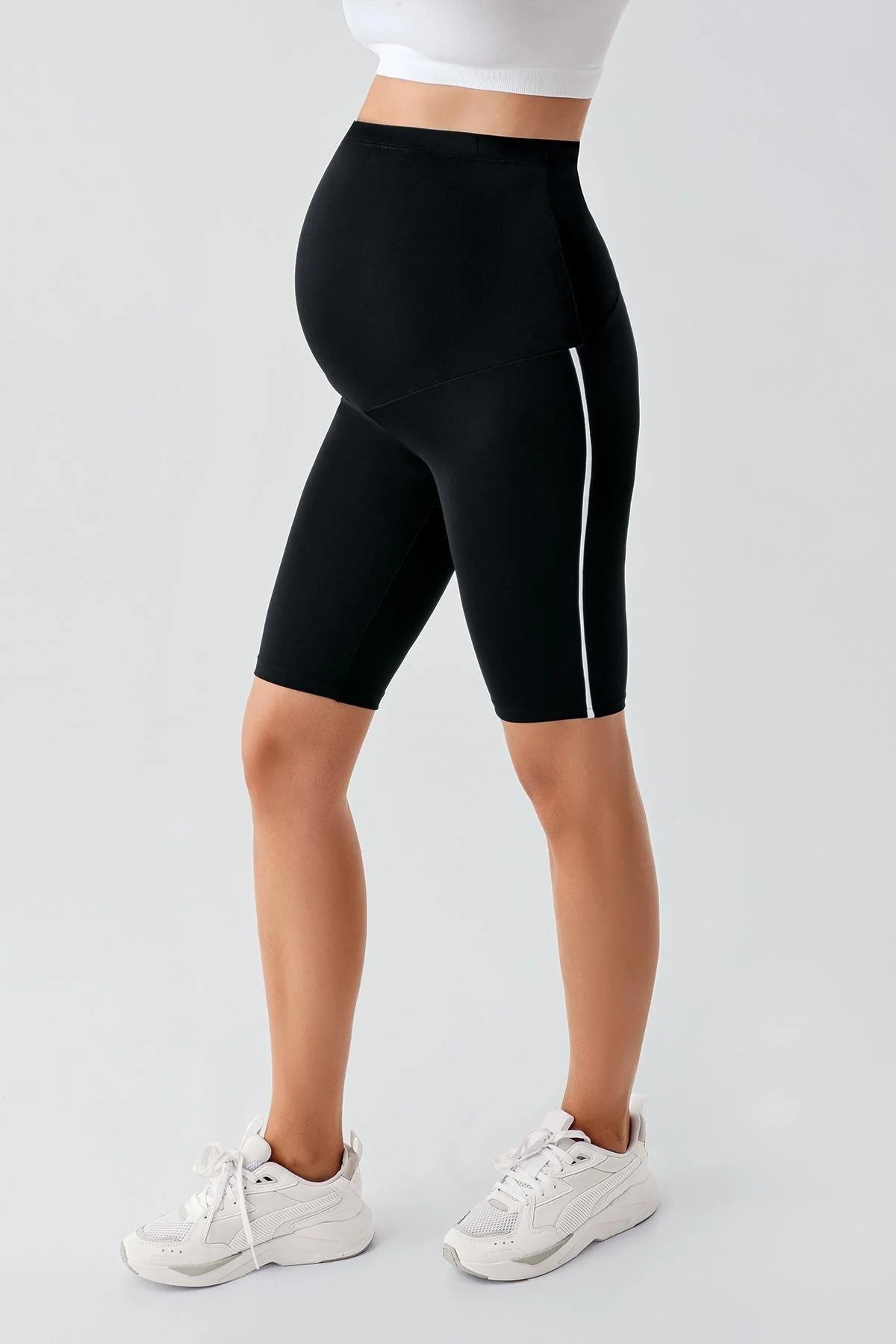 Piped Biker Flexible Adjustable Waist Maternity Shorts Leggings Black - LT9027