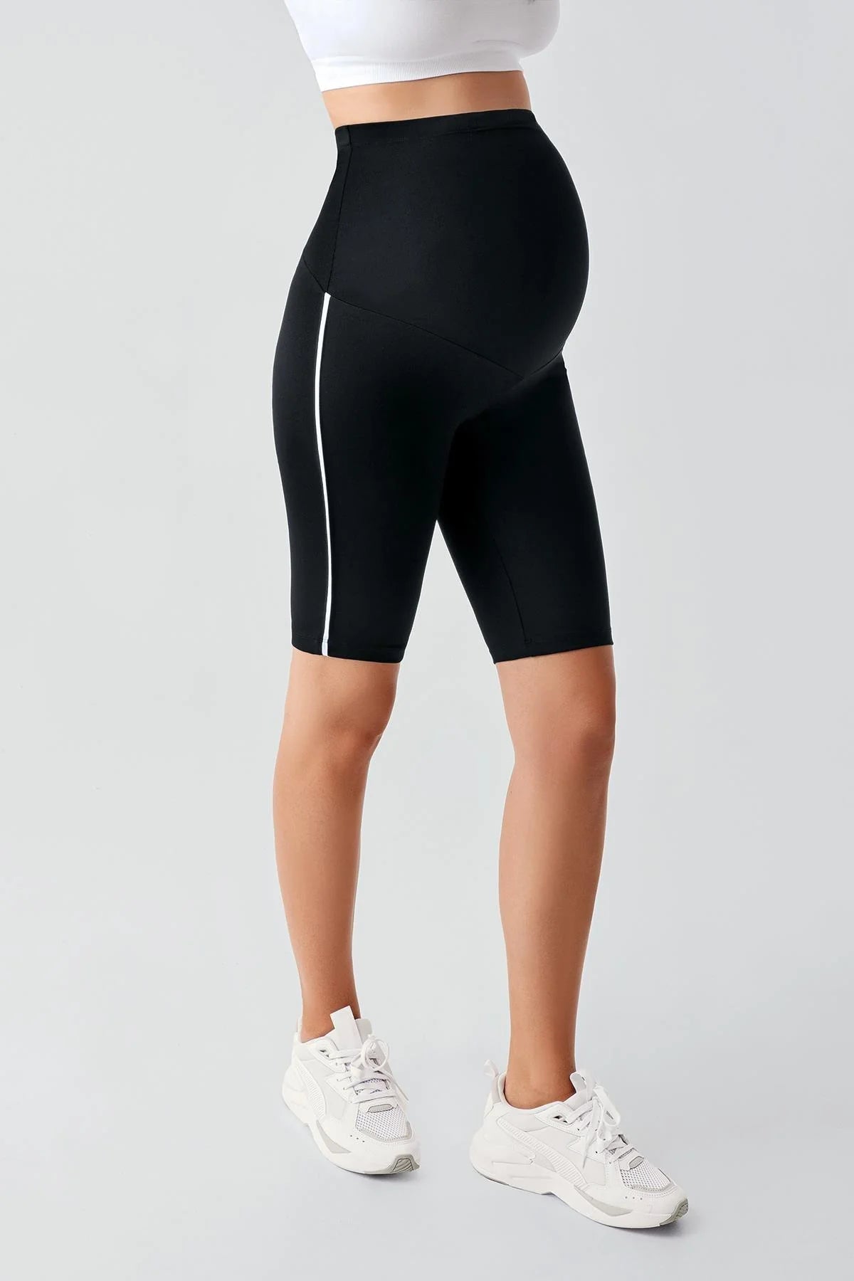 Piped Biker Flexible Adjustable Waist Maternity Shorts Leggings Black - LT9027