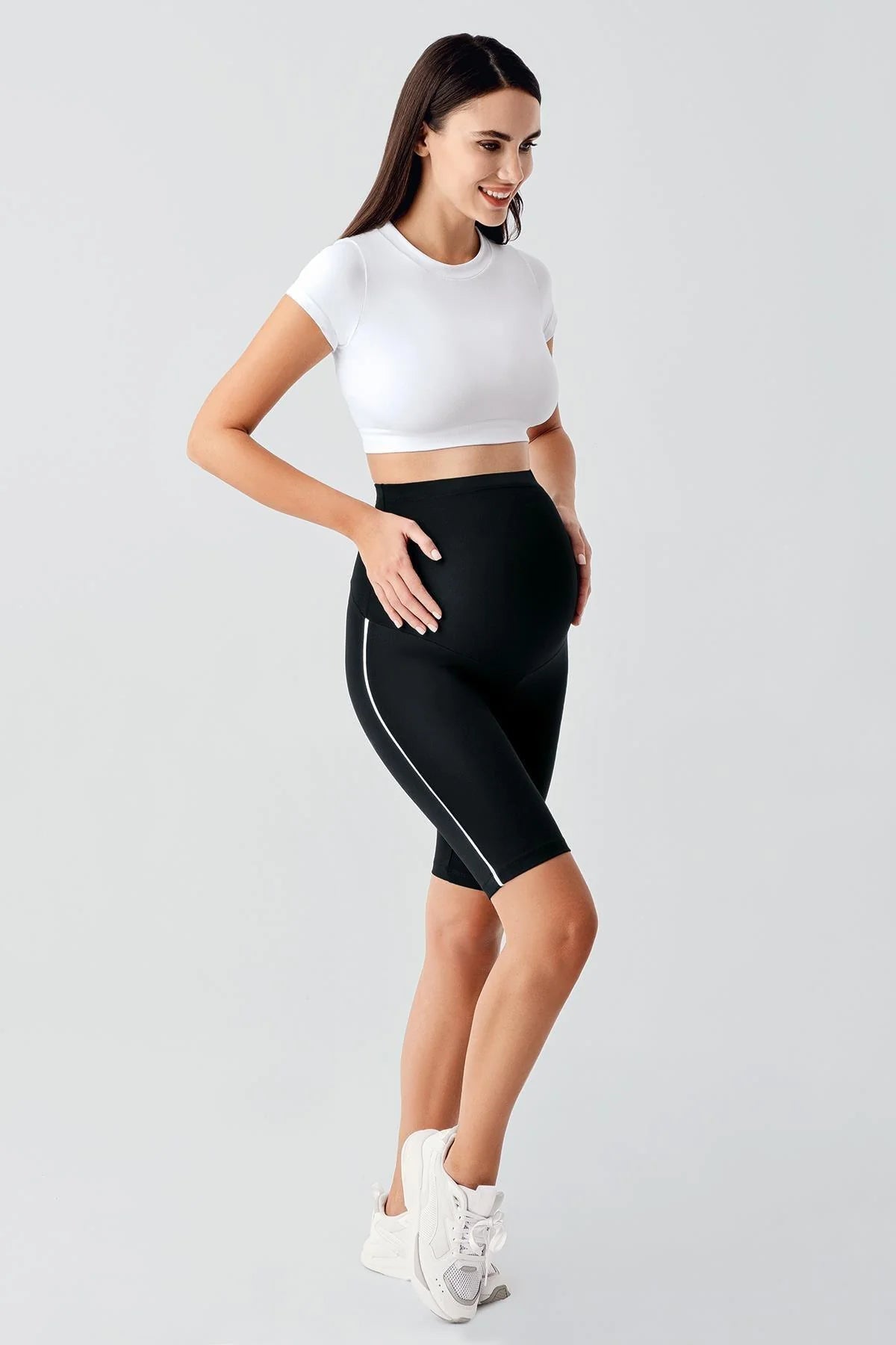 Piped Biker Flexible Adjustable Waist Maternity Shorts Leggings Black - LT9027