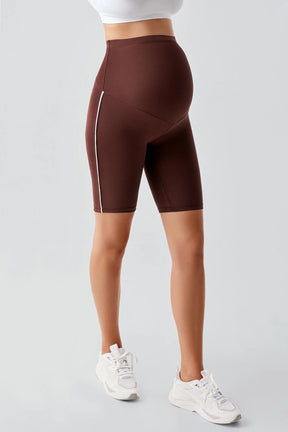 Piped Biker Flexible Adjustable Waist Maternity Shorts Leggings Coffee - LT9027