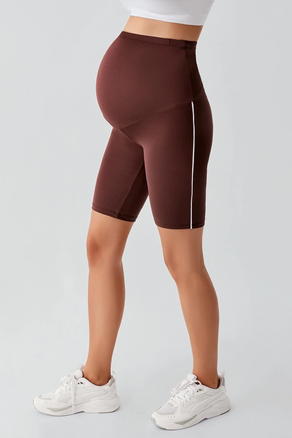 Piped Biker Flexible Adjustable Waist Maternity Shorts Leggings Coffee - LT9027