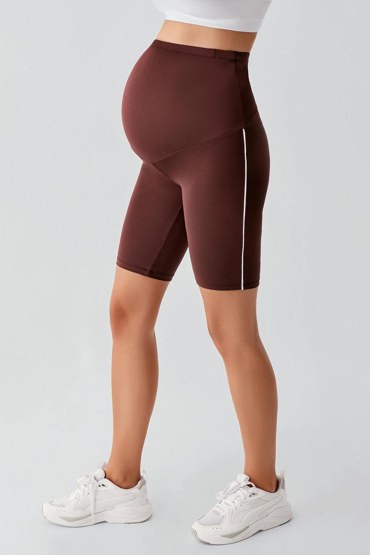 Piped Biker Flexible Adjustable Waist Maternity Shorts Leggings Coffee - LT9027