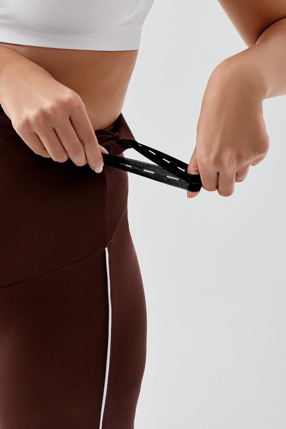 Piped Biker Flexible Adjustable Waist Maternity Shorts Leggings Coffee - LT9027