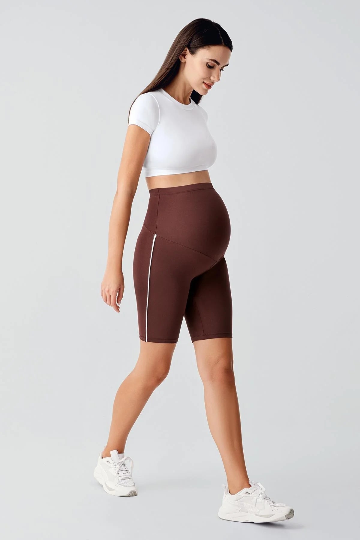 Piped Biker Flexible Adjustable Waist Maternity Shorts Leggings Coffee - LT9027