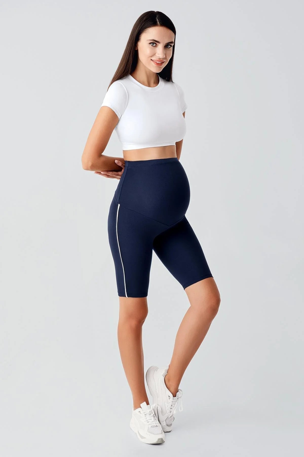 Piped Biker Flexible Adjustable Waist Maternity Shorts Leggings Navy Blue - LT9027