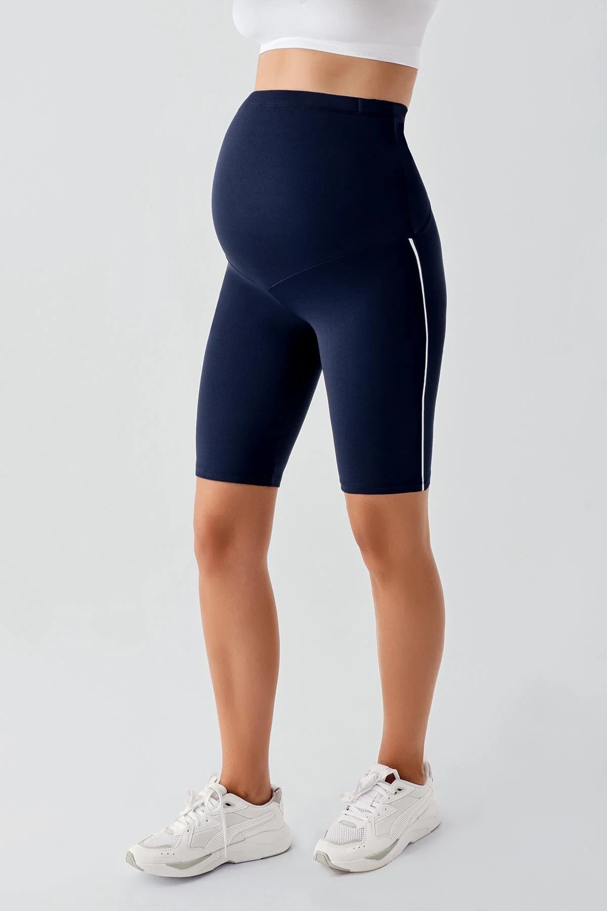 Piped Biker Flexible Adjustable Waist Maternity Shorts Leggings Navy Blue - LT9027