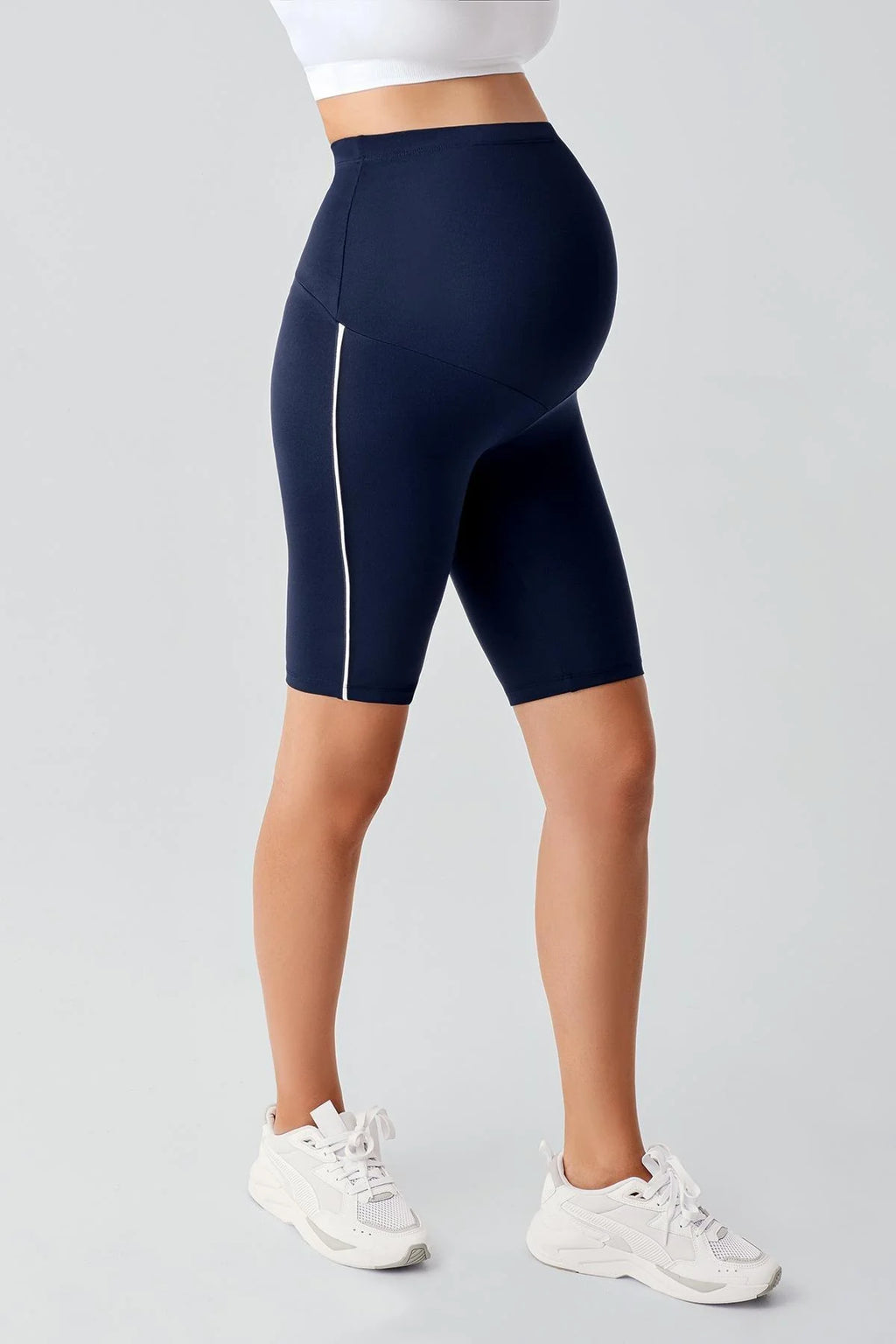 Piped Biker Flexible Adjustable Waist Maternity Shorts Leggings Navy Blue - LT9027