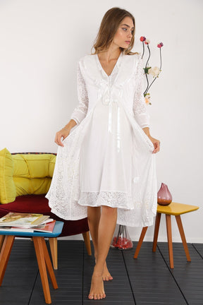 Lace Detailed Maternity & Nursing Nightgown With Robe Ecru - 2442